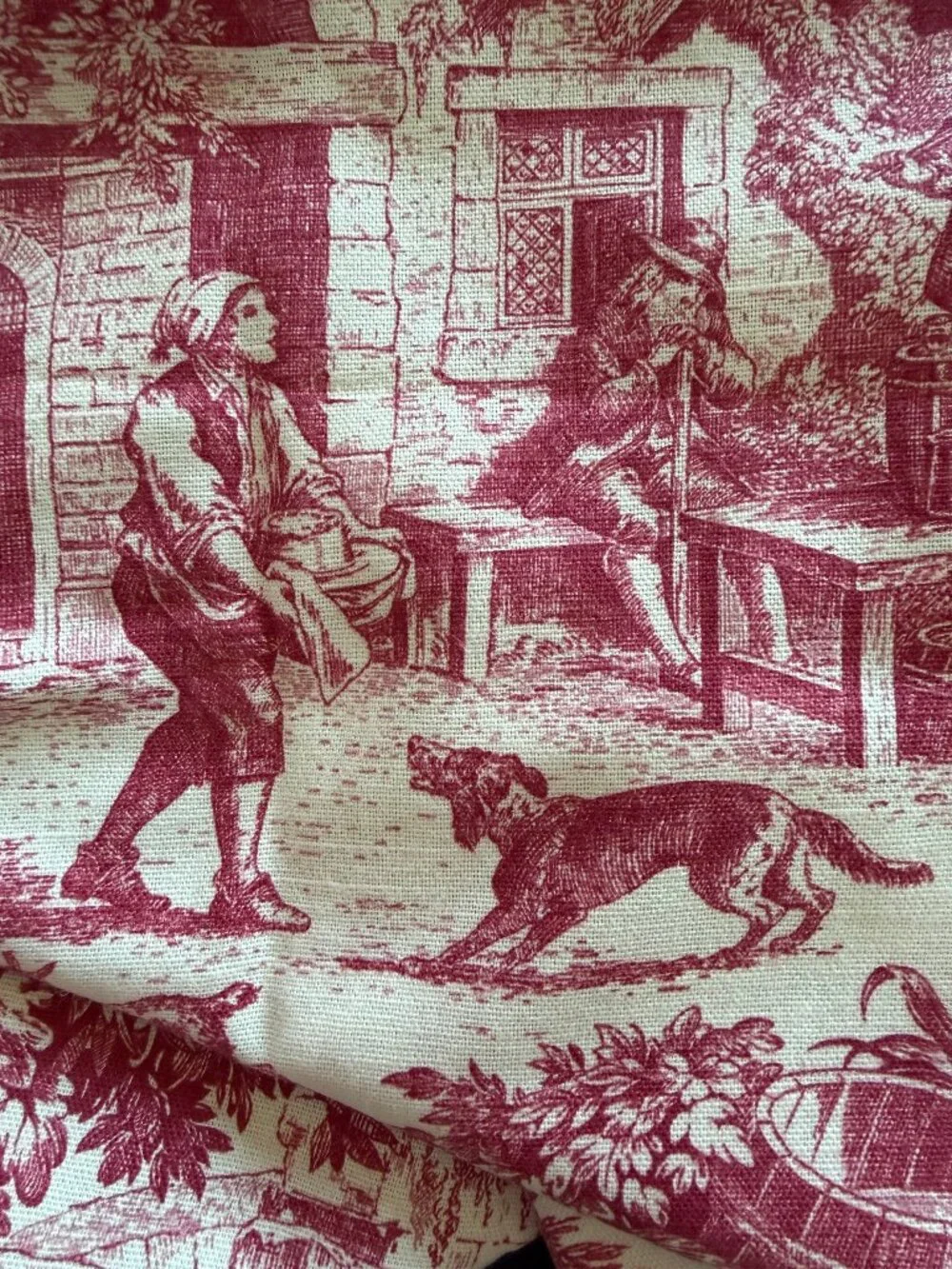 Vintage Toile Print Laura Ashley French Country Pastoral 3 yards Cranberry Cream